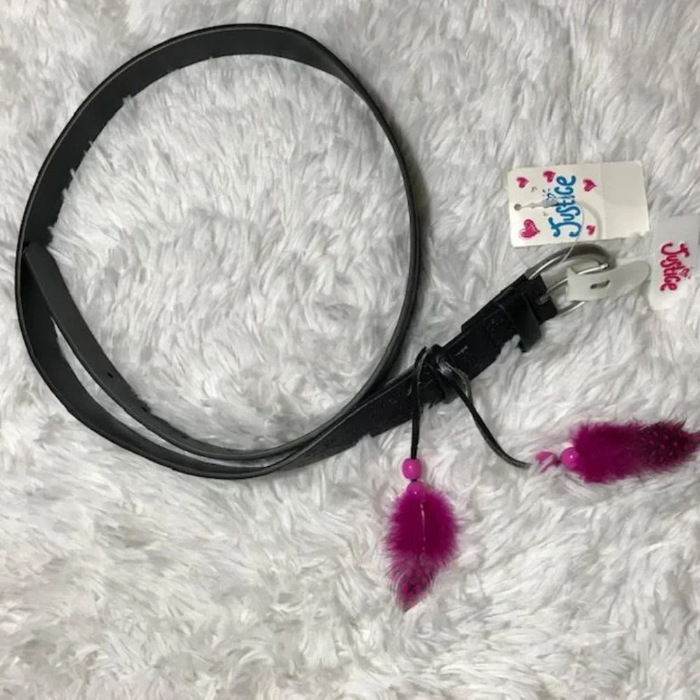 Justice Hot Pink Feather Floral Embossed Faux Leather Black Belt